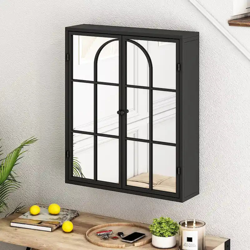 Armoire murale vintage de 23.62 à deux portes avec miroir, trois niveaux de rangement pour l’entrée, le salon, la salle de bain ou la salle à manger, noire