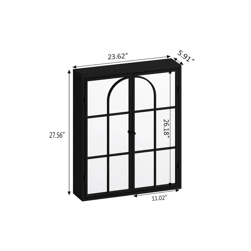 Armoire murale vintage de 23.62 à deux portes avec miroir, trois niveaux de rangement pour l’entrée, le salon, la salle de bain ou la salle à manger, noire
