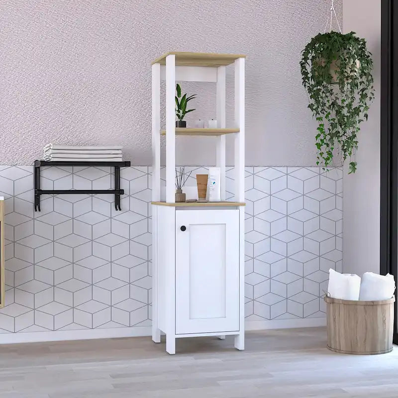 Meuble bas de salle de bains, meuble de rangement pour salle de bains, deux étagères intérieures, deux étagères ouvertes, une porte