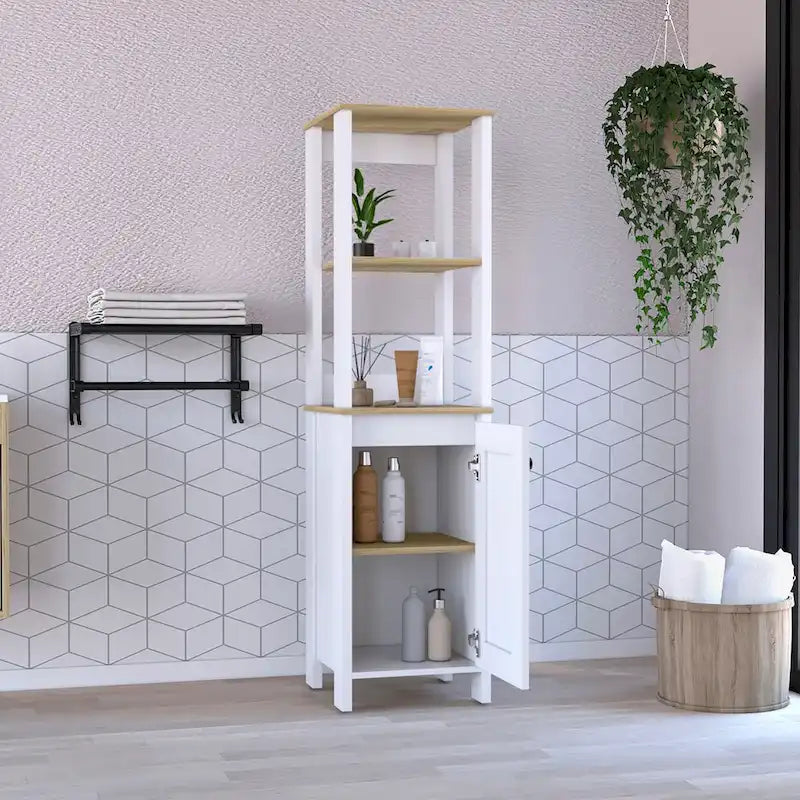 Armario para suelo de baño, armario de almacenamiento para baño, dos estantes interiores, dos estantes abiertos, una puerta