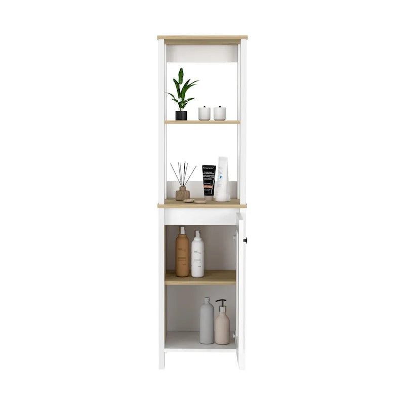 Armario para suelo de baño, armario de almacenamiento para baño, dos estantes interiores, dos estantes abiertos, una puerta