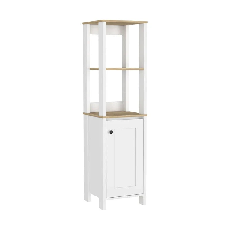 Armario para suelo de baño, armario de almacenamiento para baño, dos estantes interiores, dos estantes abiertos, una puerta