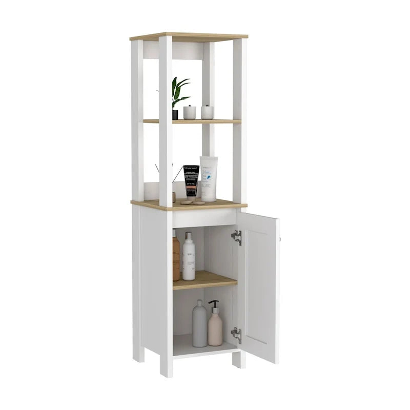 Armario para suelo de baño, armario de almacenamiento para baño, dos estantes interiores, dos estantes abiertos, una puerta