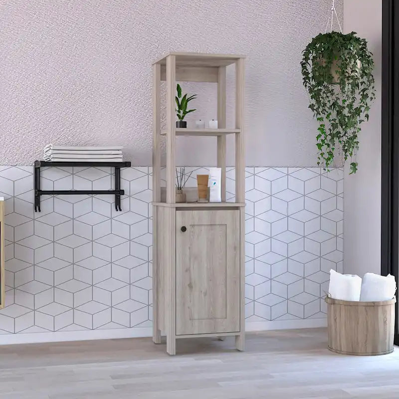Meuble bas de salle de bains, meuble de rangement pour salle de bains, deux étagères intérieures, deux étagères ouvertes, une porte