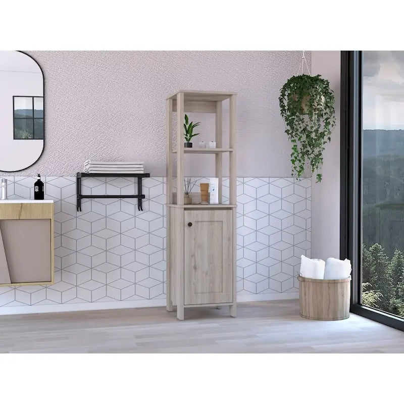 Armario para suelo de baño, armario de almacenamiento para baño, dos estantes interiores, dos estantes abiertos, una puerta