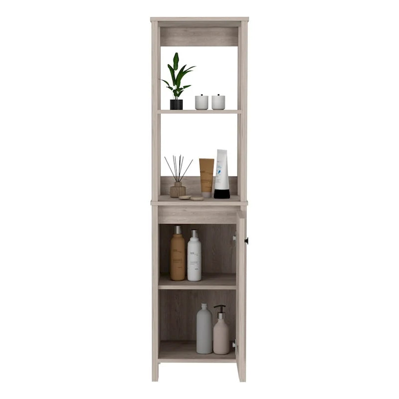 Armario para suelo de baño, armario de almacenamiento para baño, dos estantes interiores, dos estantes abiertos, una puerta