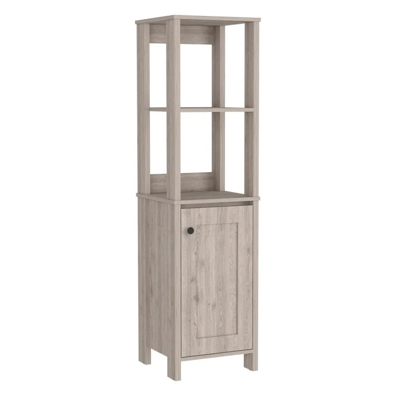 Armario para suelo de baño, armario de almacenamiento para baño, dos estantes interiores, dos estantes abiertos, una puerta