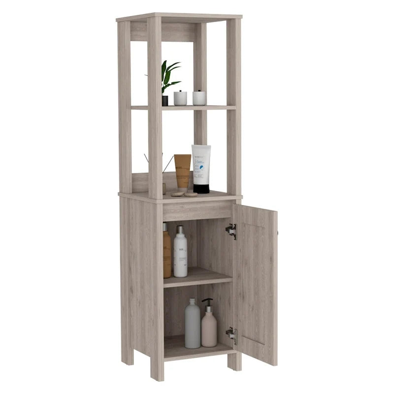 Armario para suelo de baño, armario de almacenamiento para baño, dos estantes interiores, dos estantes abiertos, una puerta