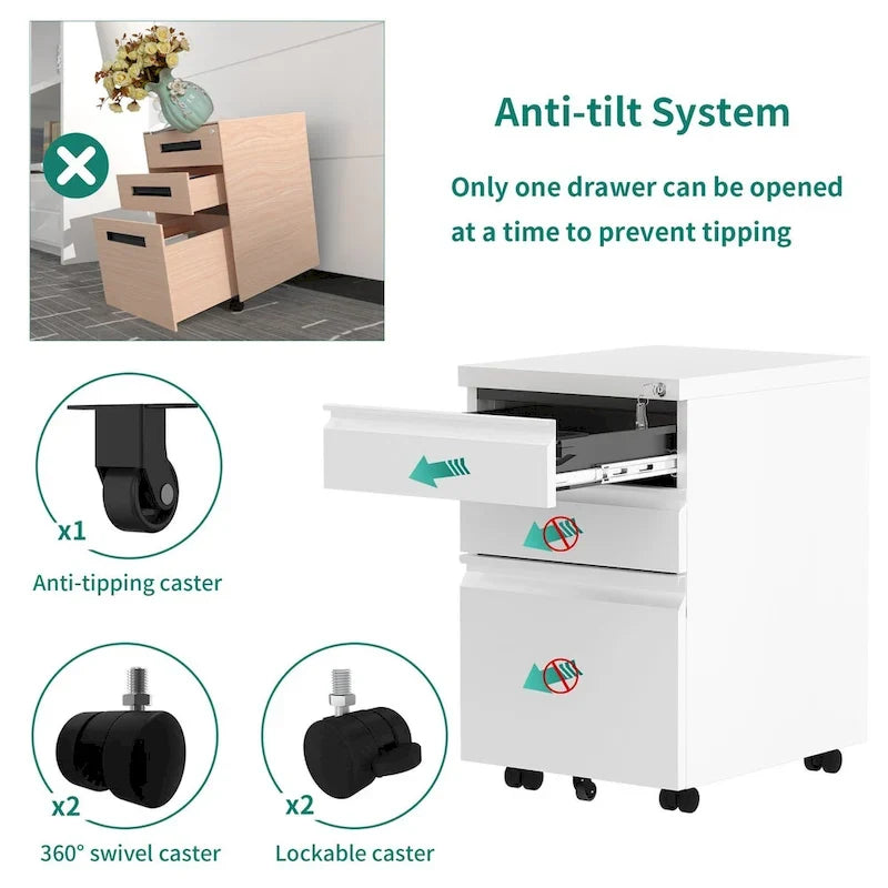 Archivador metálico moderno con ruedas y cerradura, de 2/3 cajones