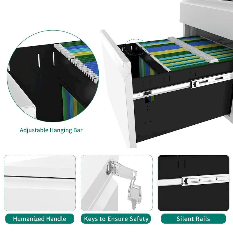 Archivador metálico moderno con ruedas y cerradura, de 2/3 cajones