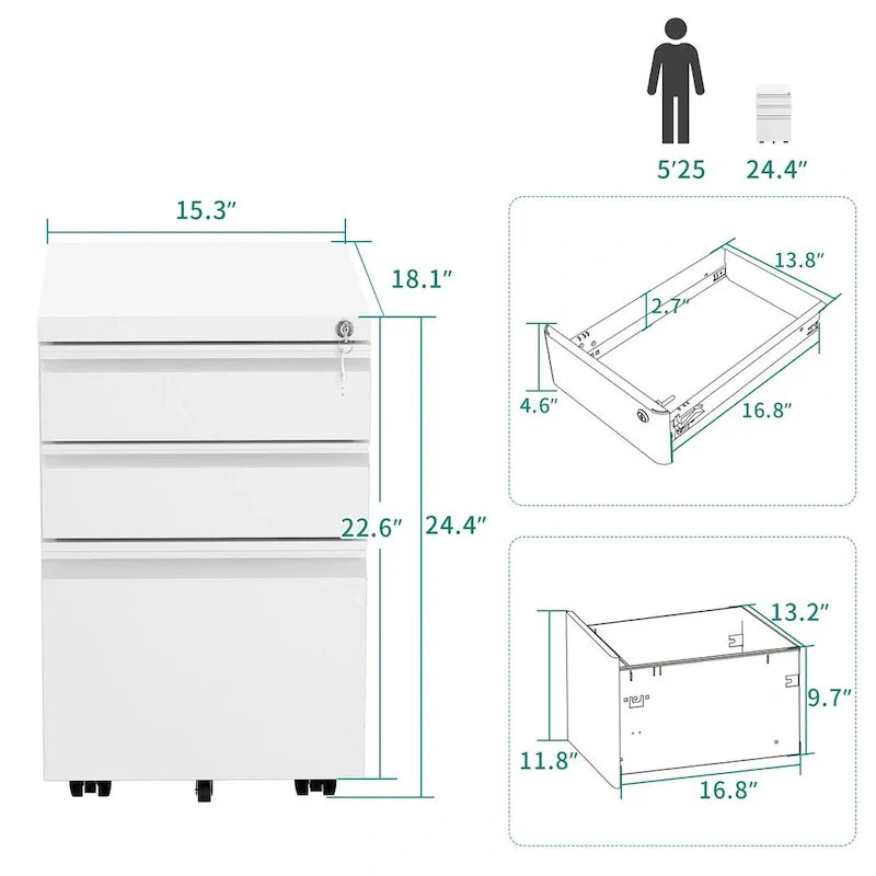 Archivador metálico moderno con ruedas y cerradura, de 2/3 cajones
