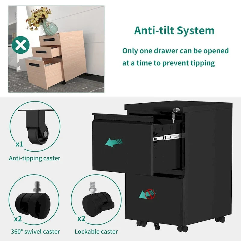 Archivador metálico moderno con ruedas y cerradura, de 2/3 cajones