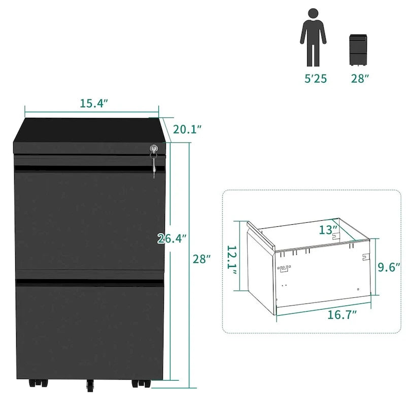 Archivador metálico moderno con ruedas y cerradura, de 2/3 cajones