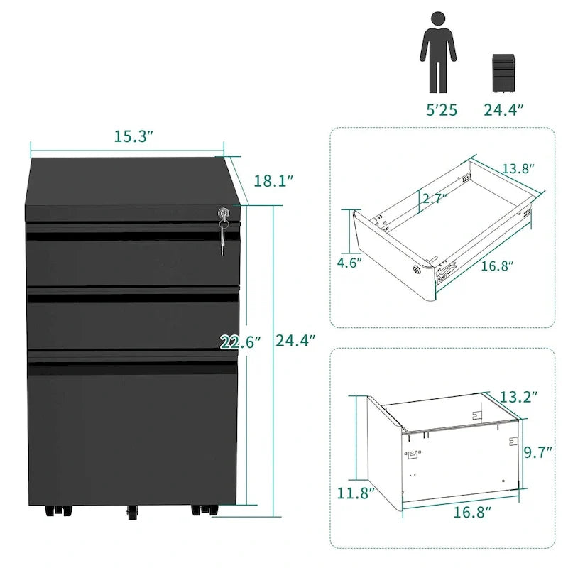 Archivador metálico moderno con ruedas y cerradura, de 2/3 cajones