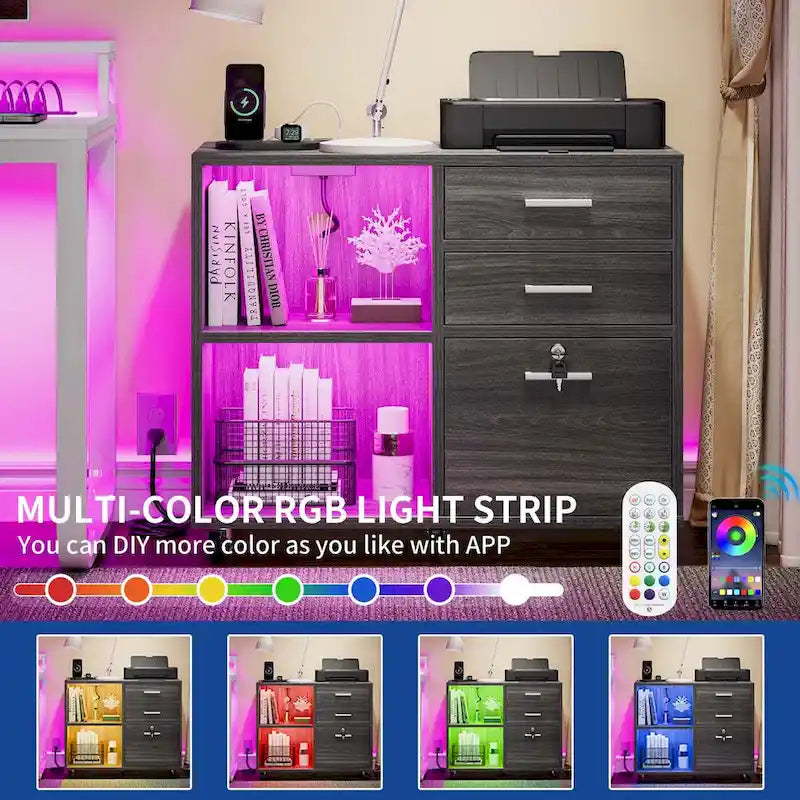 Archivador móvil de 3 cajones con luz LED y estación de carga, compatible con tamaño A4/Carta