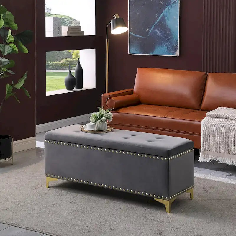 Large Storage Benches Set, Nailhead Trim 2 in 1 Combination Benches, Tufted Velvet Benches with Gold Leg, Support 250lbs